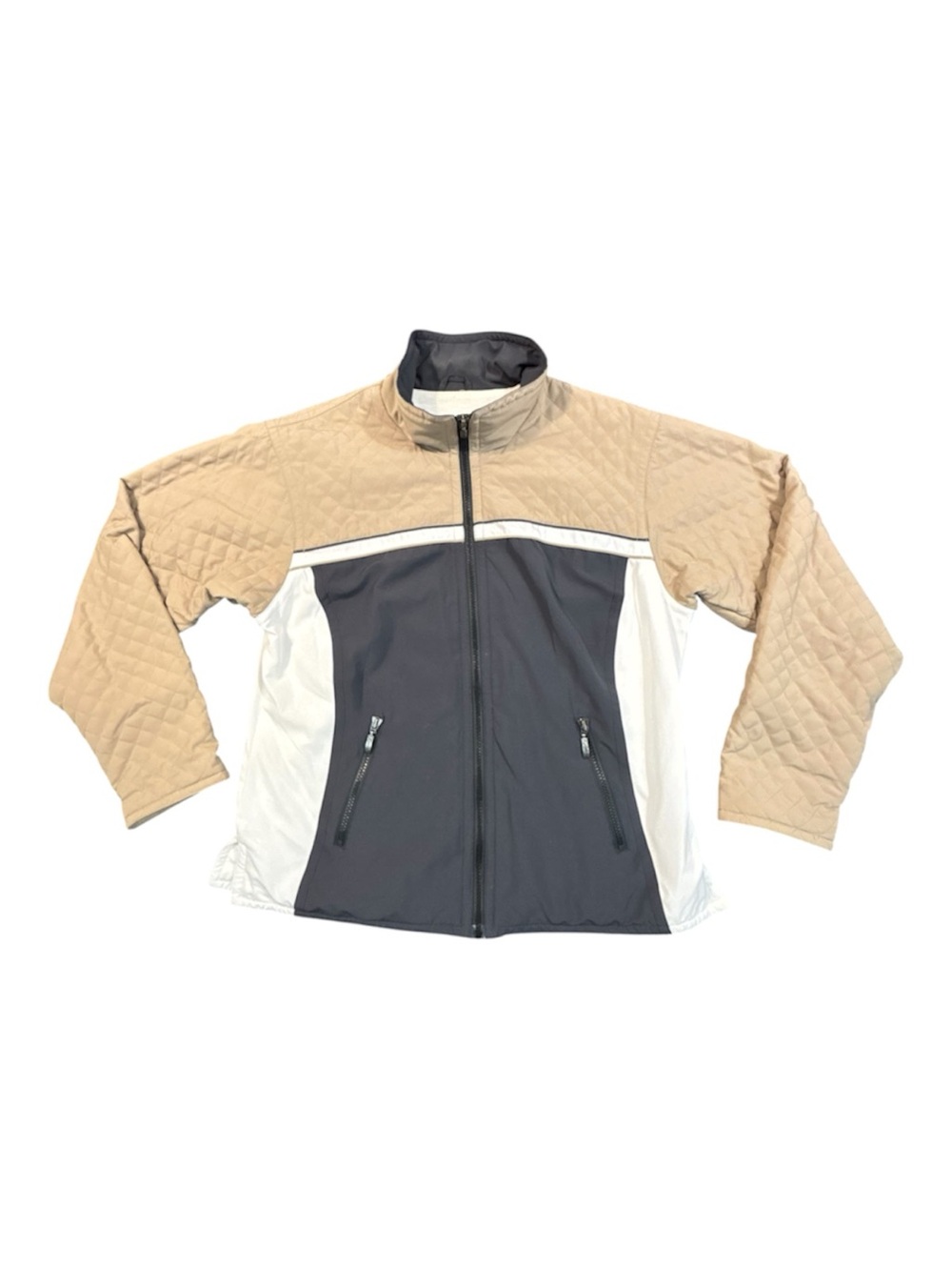 VTG Kaelin Womens Jacket L Beige Gray Colorblock Quilted Full Zip Windbreaker